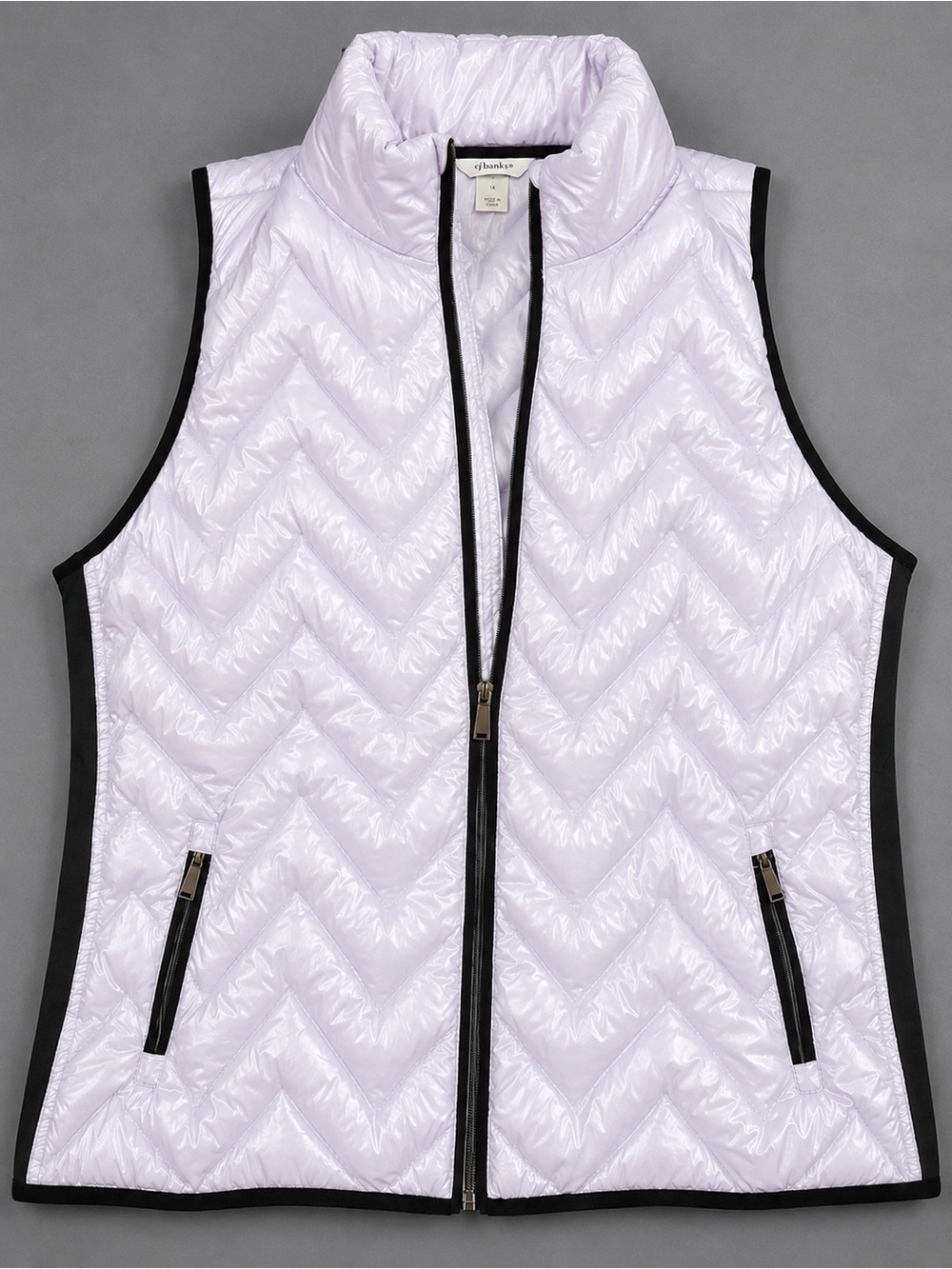 CJ Banks 1X Down Filled Light Silvery/Lilac Chevron Quilted Puffer Vest